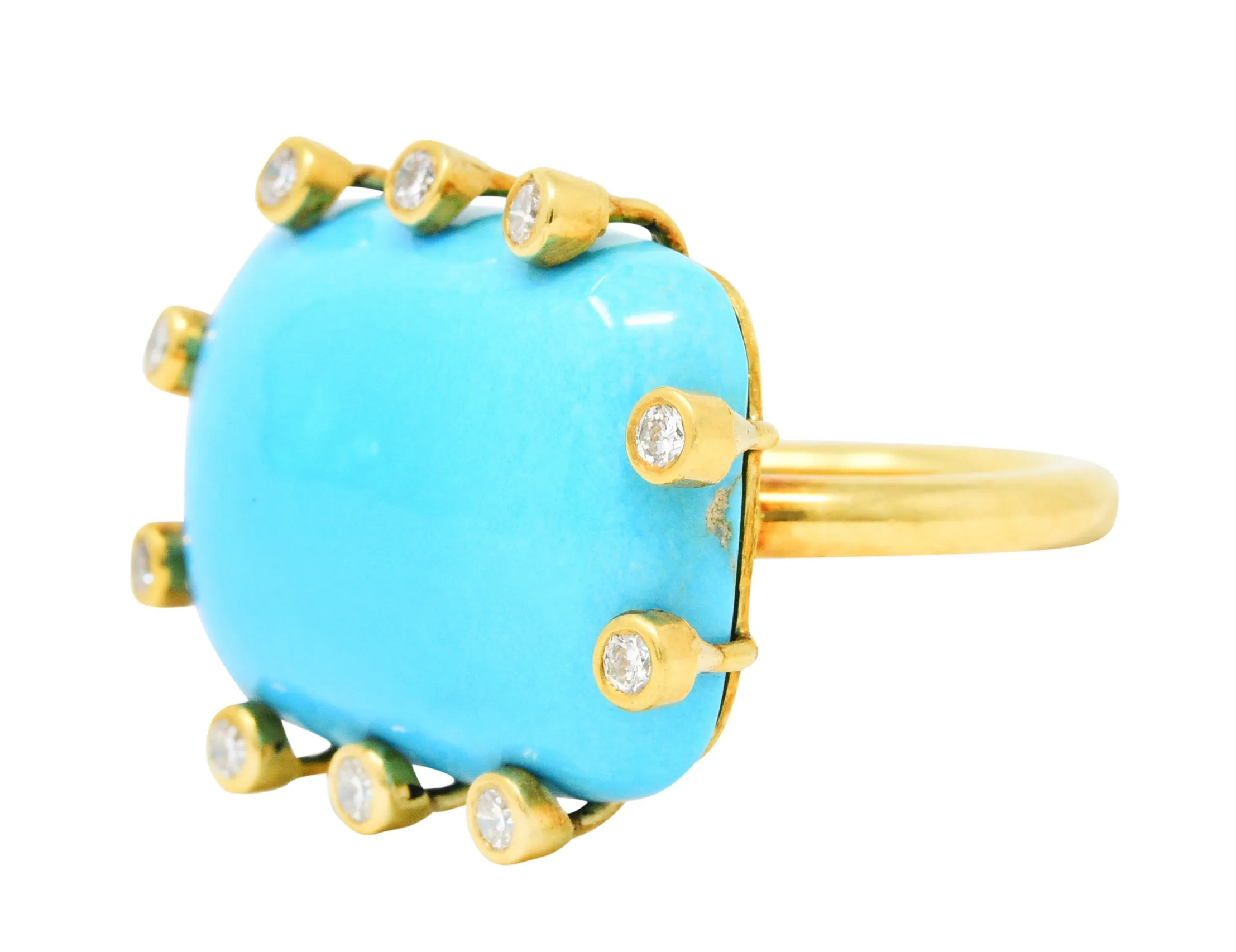 Modernist Turquoise Cabochon 0.30 CTW Diamond 18 Karat Gold Ring