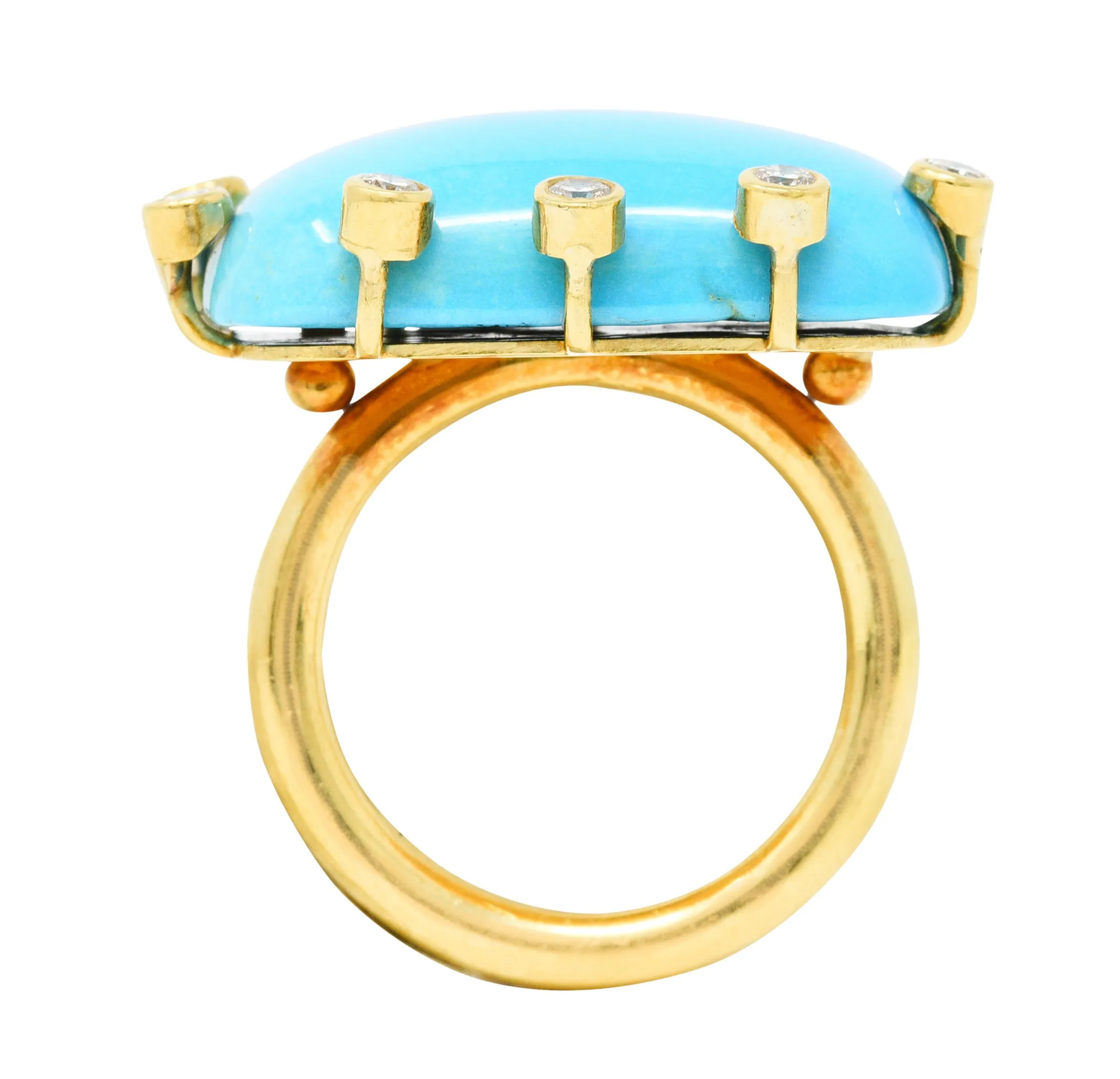 Modernist Turquoise Cabochon 0.30 CTW Diamond 18 Karat Gold Ring