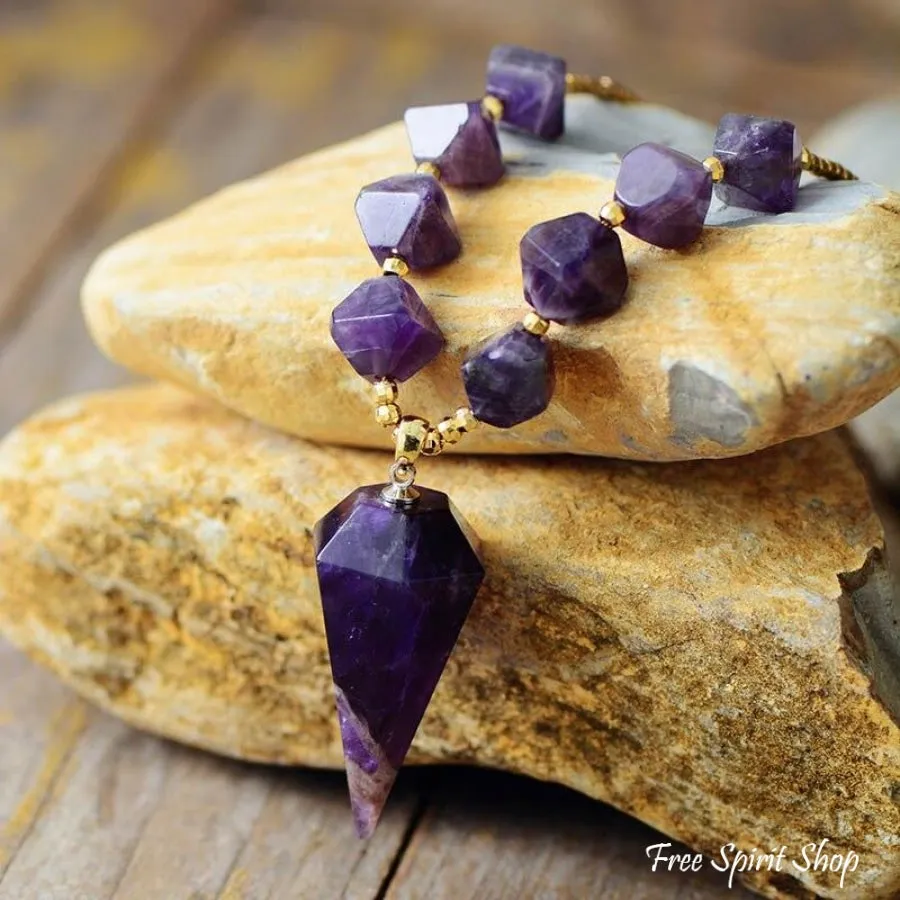 Natural Amethyst Diamond Shaped Pendant Necklace