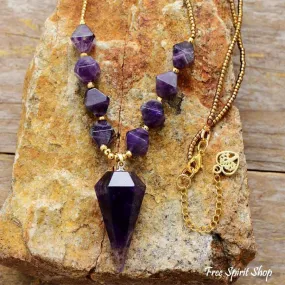 Natural Amethyst Diamond Shaped Pendant Necklace