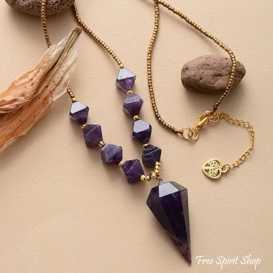 Natural Amethyst Diamond Shaped Pendant Necklace