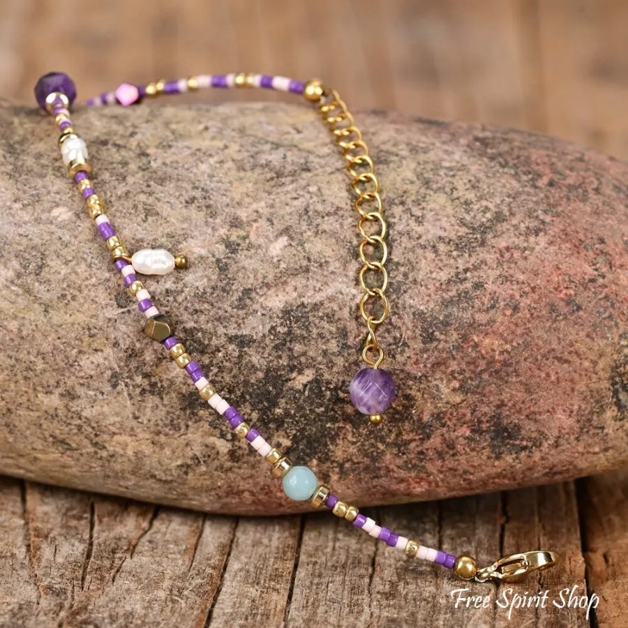 Natural Amethyst Hematite & Purple Assorted Bead Choker Necklace