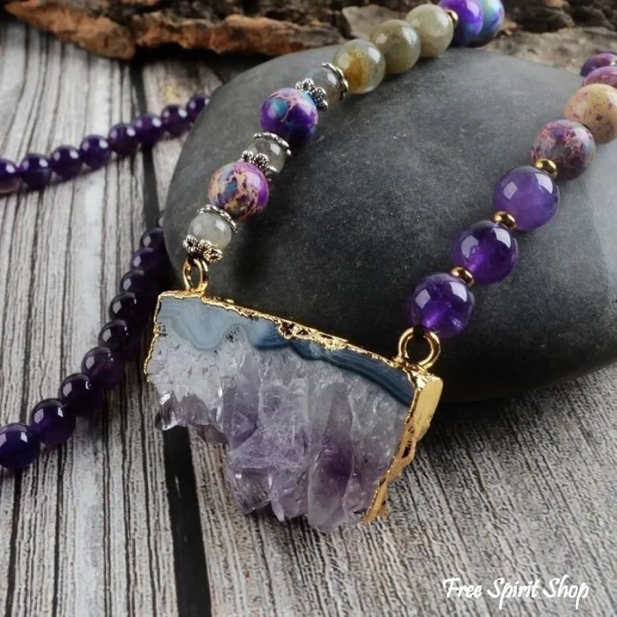 Natural Amethyst Jasper & Labradorite Beaded Druzy Necklace