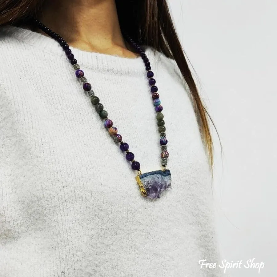 Natural Amethyst Jasper & Labradorite Beaded Druzy Necklace