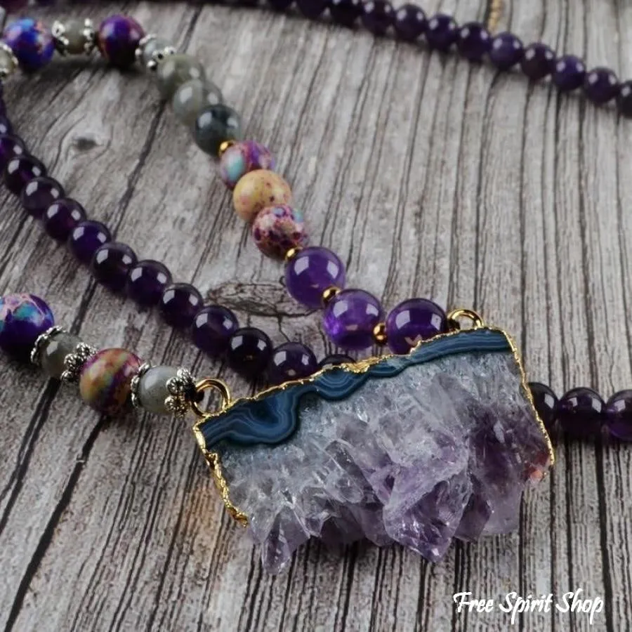 Natural Amethyst Jasper & Labradorite Beaded Druzy Necklace