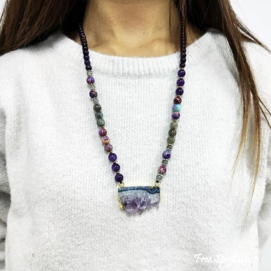 Natural Amethyst Jasper & Labradorite Beaded Druzy Necklace