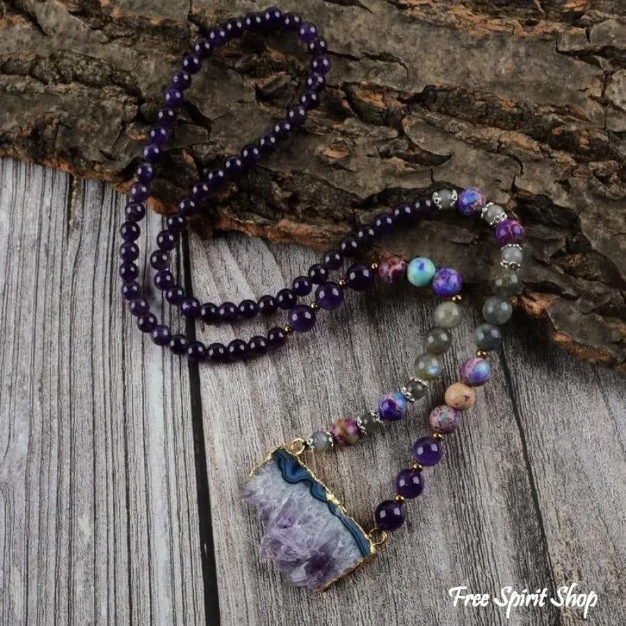 Natural Amethyst Jasper & Labradorite Beaded Druzy Necklace