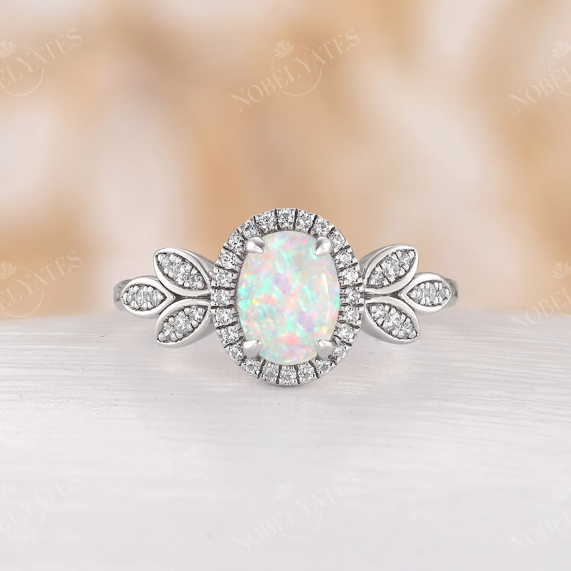 Nature inspired Oval Opal Halo Engagement Ring Rose Gold