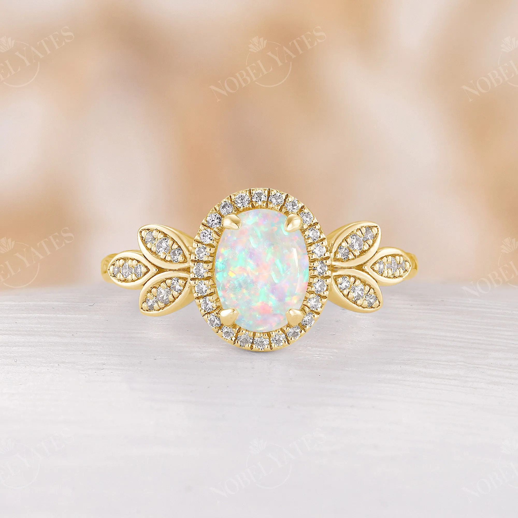 Nature inspired Oval Opal Halo Engagement Ring Rose Gold