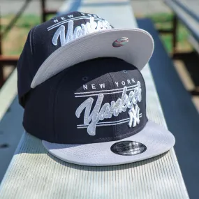 New York Yankees Team Script College Bar Style 9Fifty Snapback Hat | Current Logo, Navy/Grey