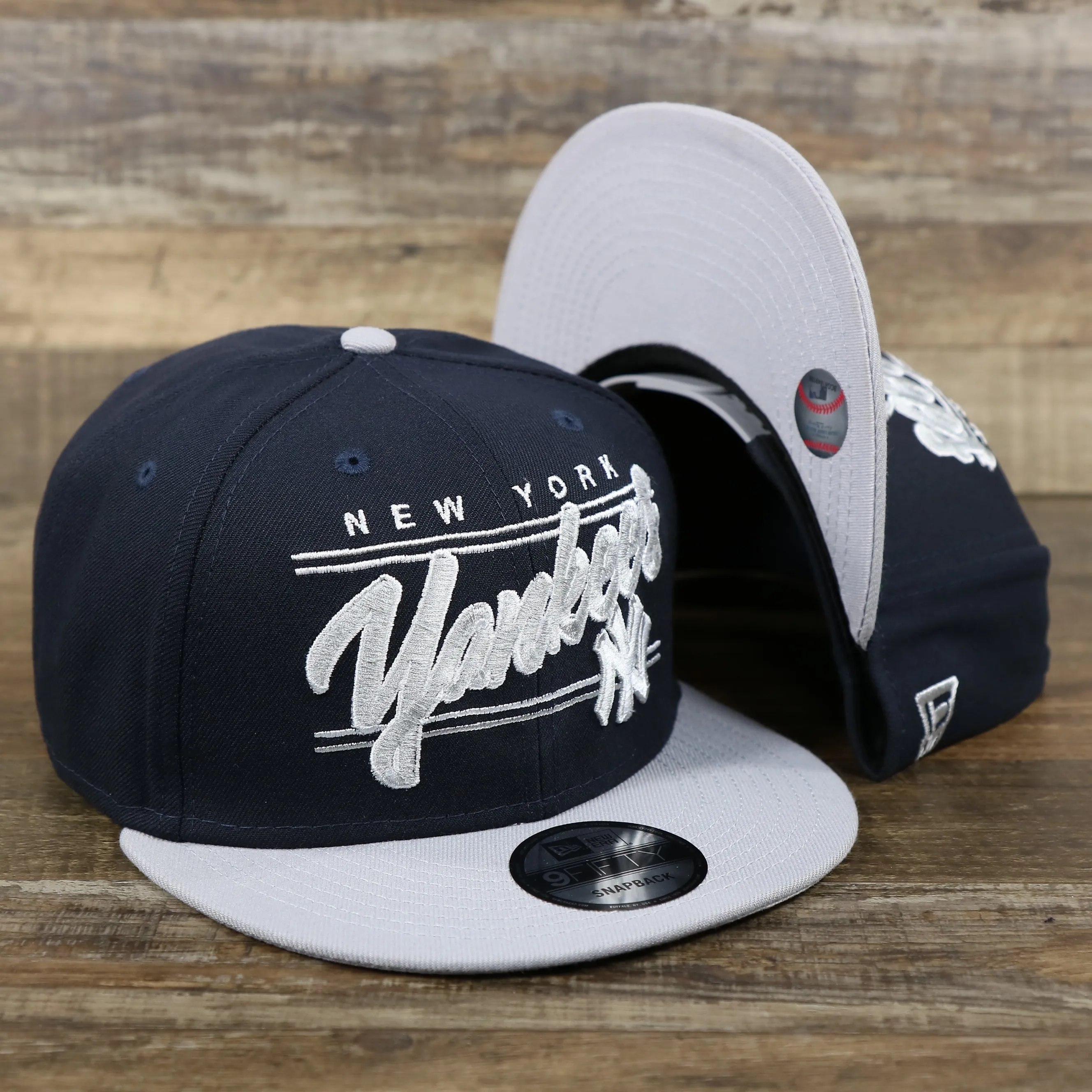 New York Yankees Team Script College Bar Style 9Fifty Snapback Hat | Current Logo, Navy/Grey