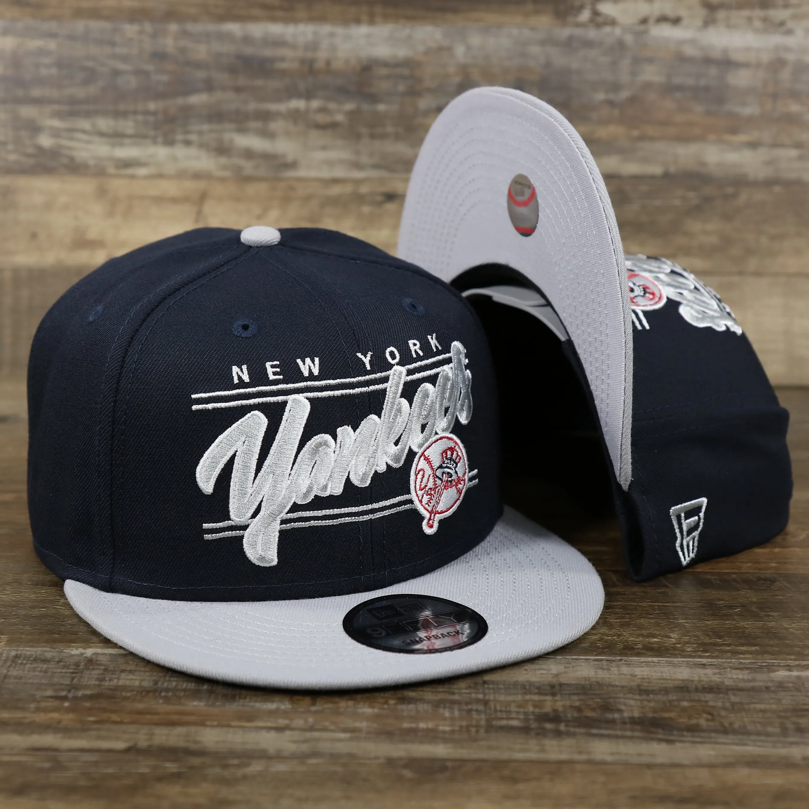 New York Yankees Team Script College Bar Style 9Fifty Snapback Hat | Vintage Logo, Navy/Gray