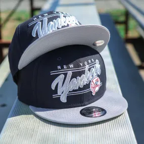 New York Yankees Team Script College Bar Style 9Fifty Snapback Hat | Vintage Logo, Navy/Gray