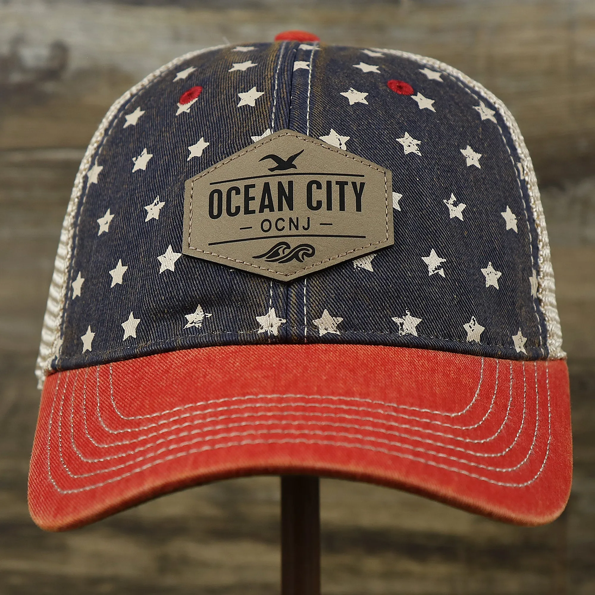 Ocean City New Jersey Leather Patch Stars And Stripes Design Vintage Trucker Hat | Washed Navy Blue Trucker Hat