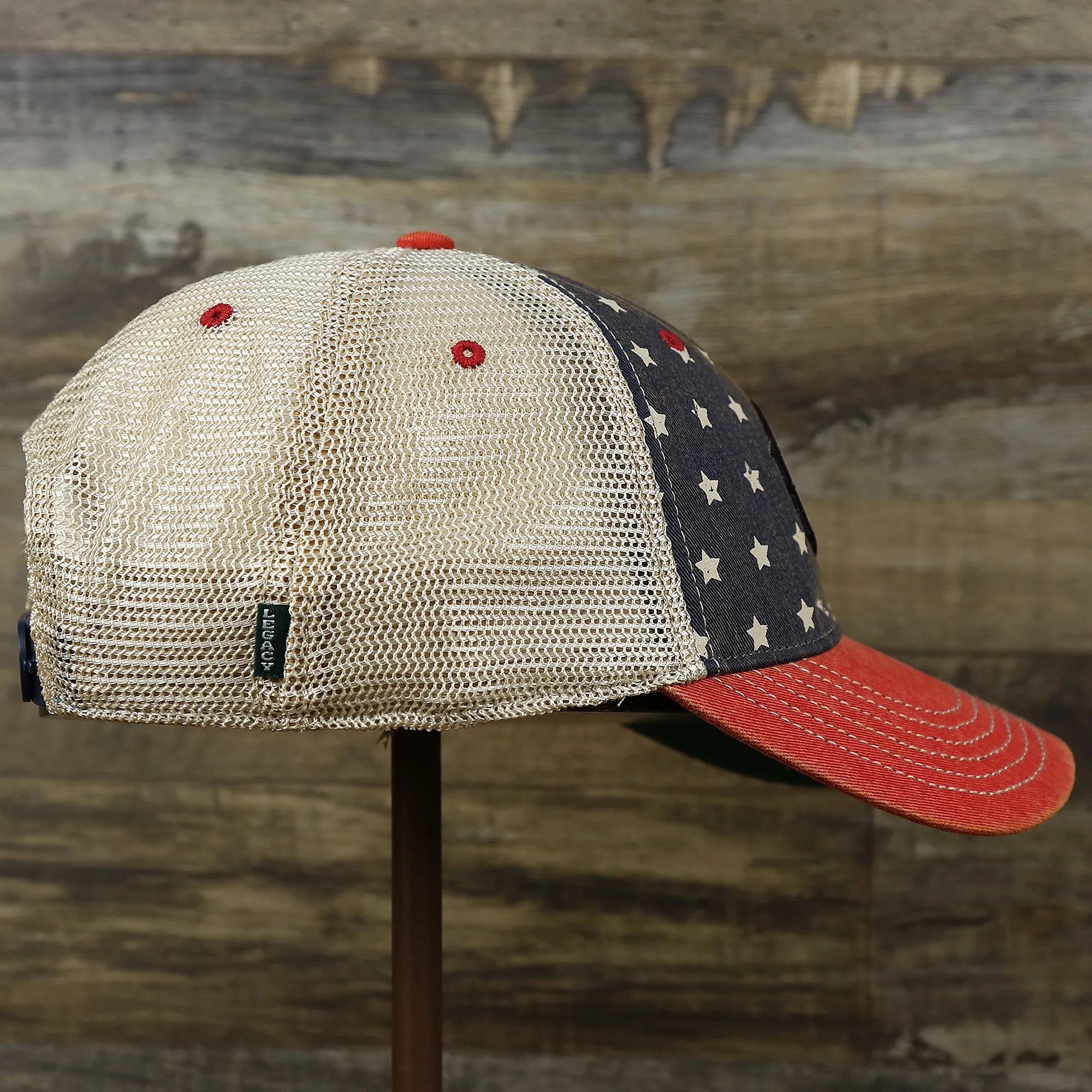 Ocean City New Jersey Leather Patch Stars And Stripes Design Vintage Trucker Hat | Washed Navy Blue Trucker Hat