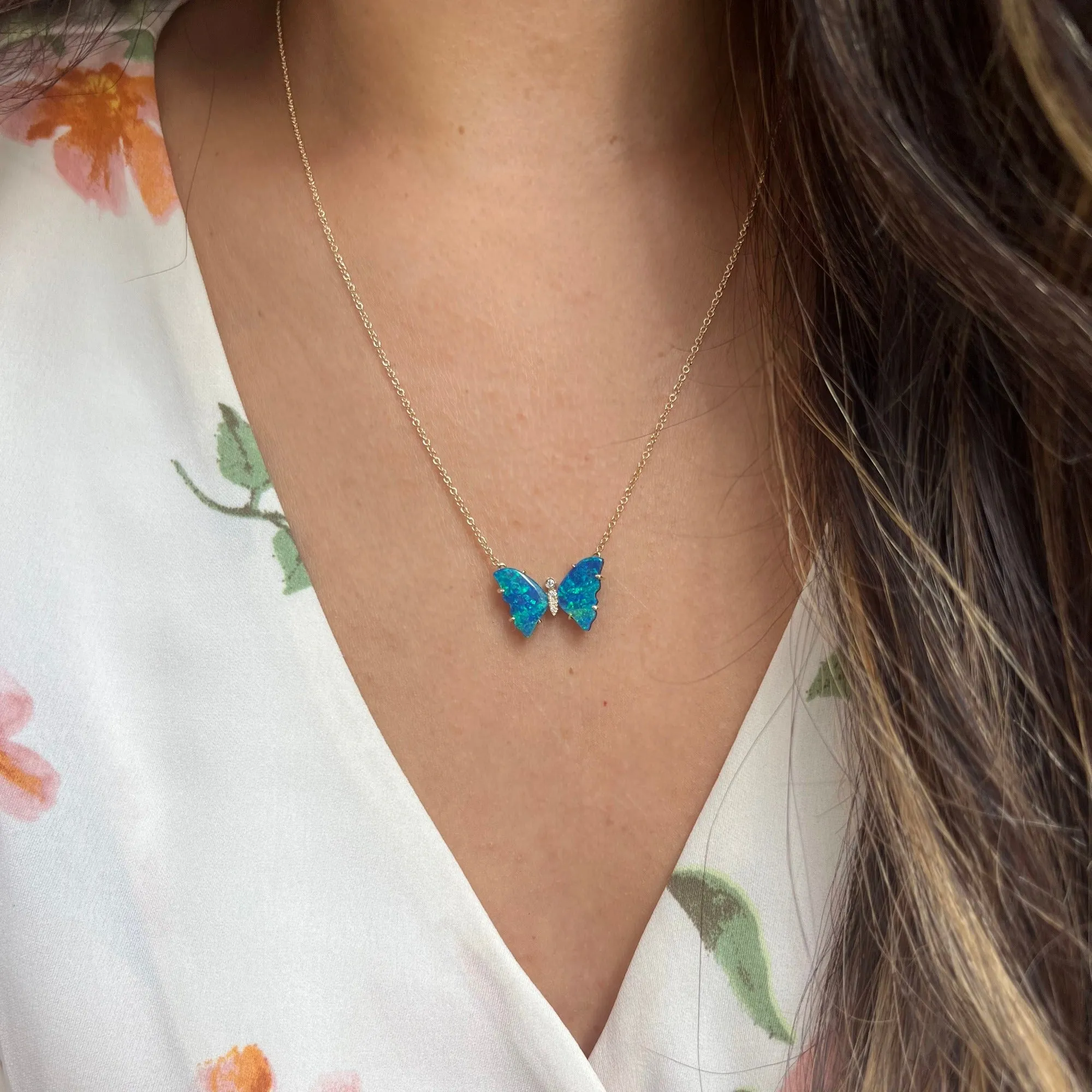 Opal Butterfly Necklace with Diamonds and Prongs - Ocean Blue