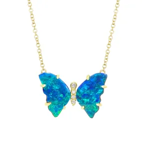 Opal Butterfly Necklace with Diamonds and Prongs - Ocean Blue