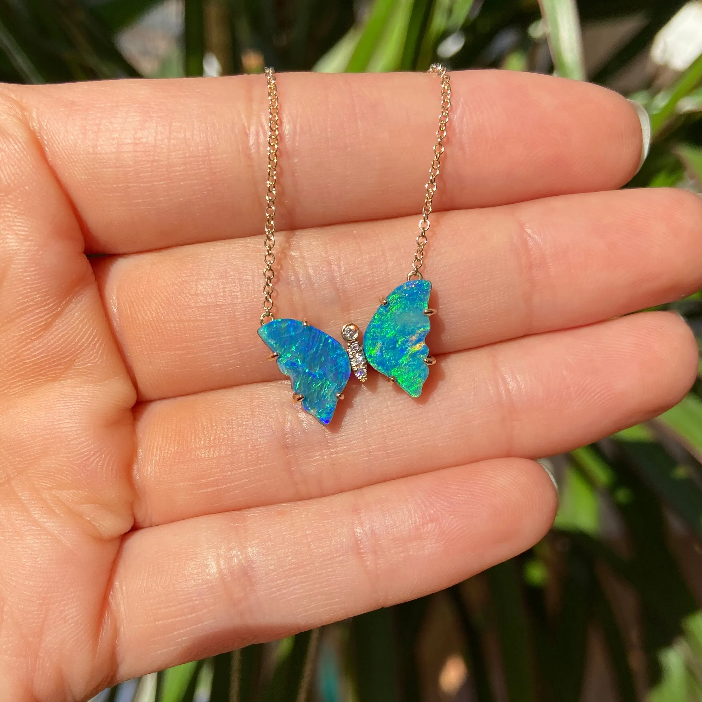 Opal Butterfly Necklace with Diamonds and Prongs