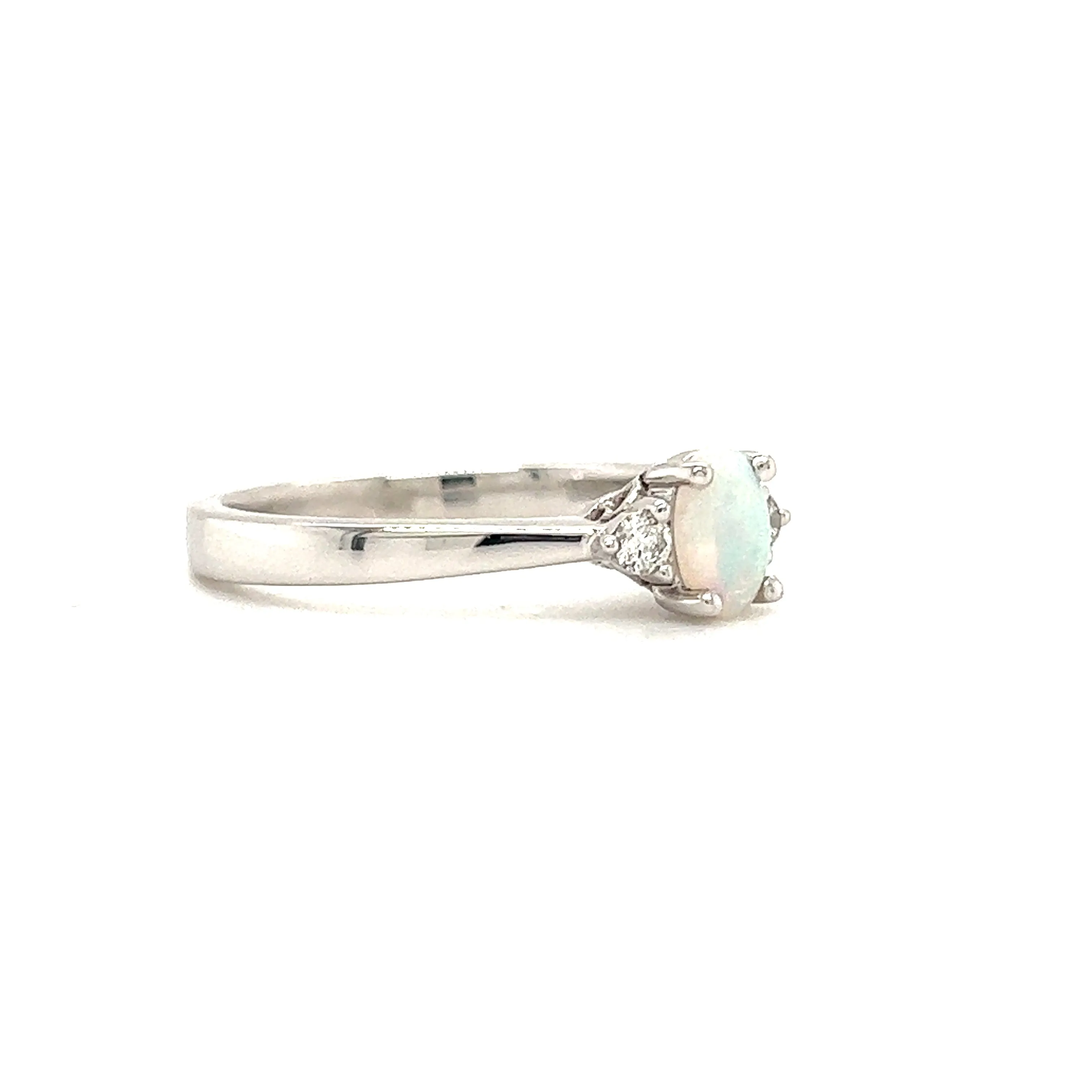 Oval Opal Ring with Two Side Diamonds in 14K White Gold