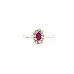 Oval Ruby Ring with Diamond Halo in 14K White Gold