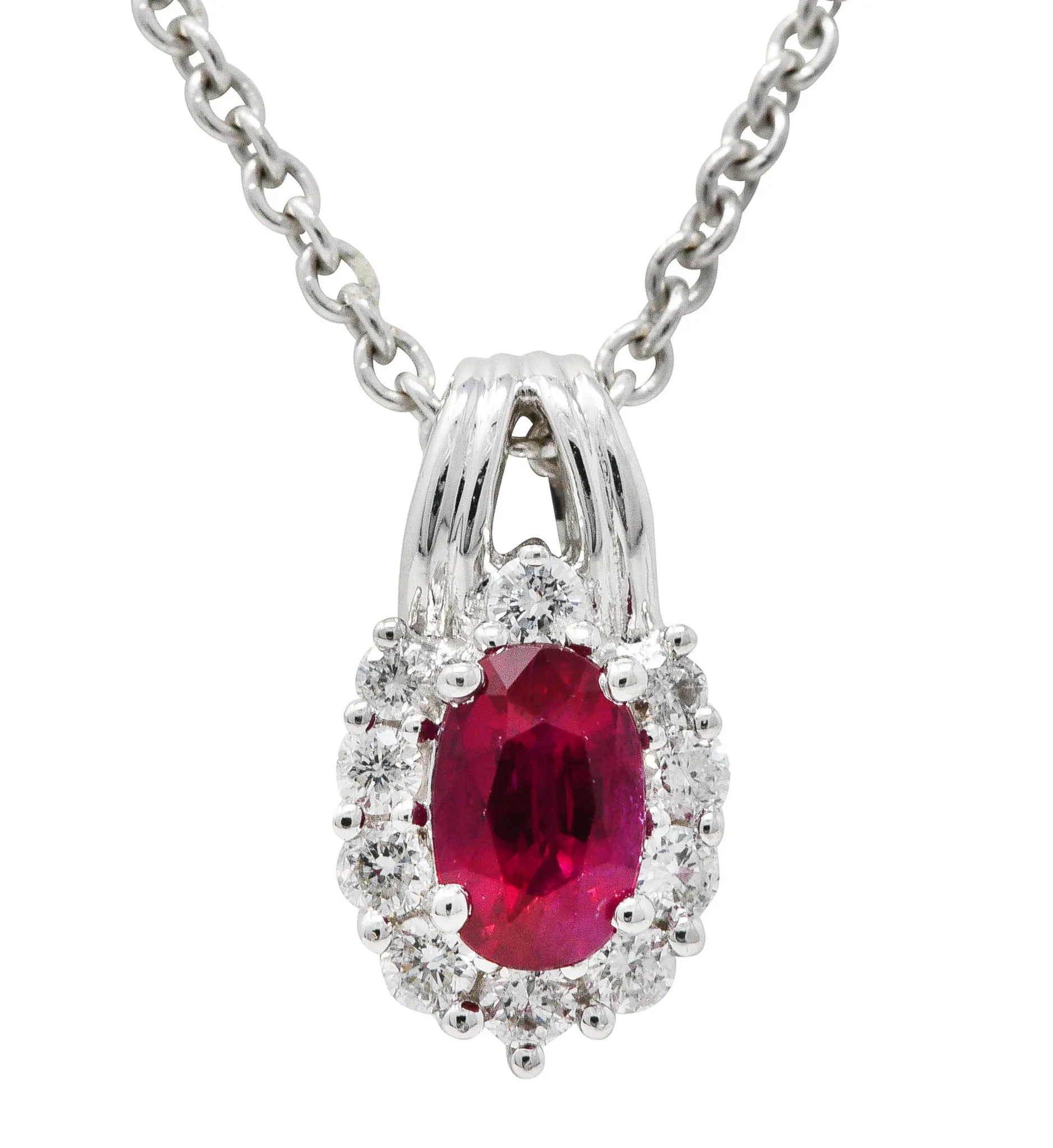 Paul Ritore 0.80 CTW Ruby Diamond 18 Karat White Gold Cluster Pendant Necklace