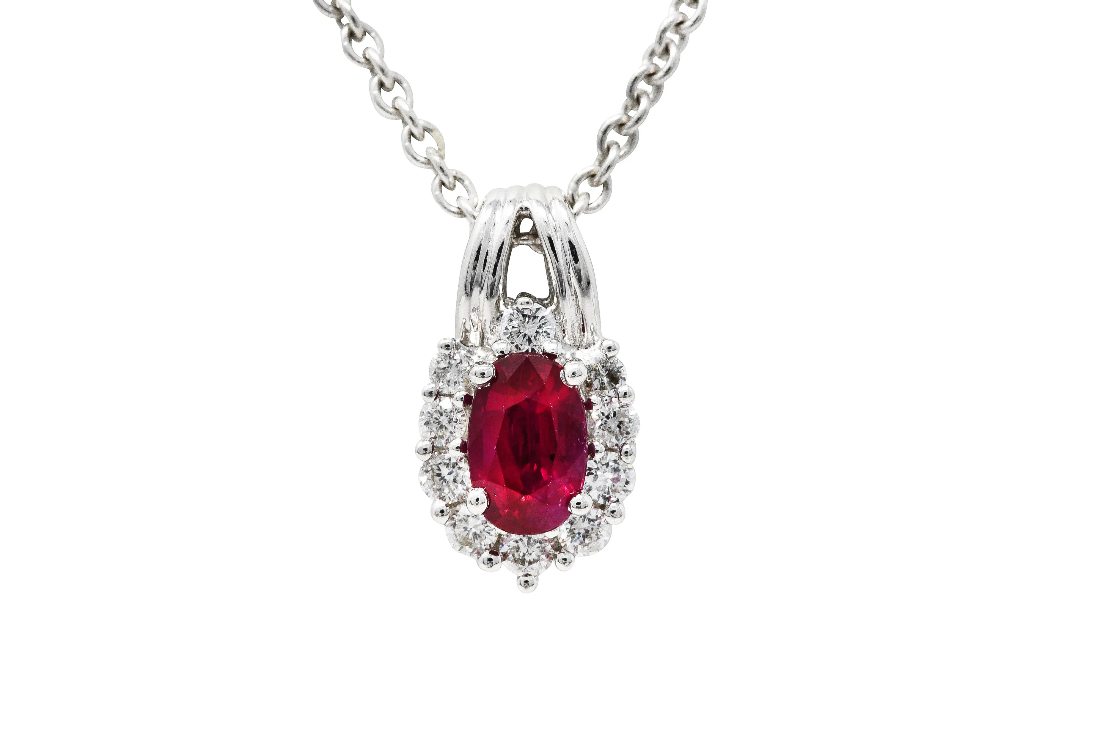 Paul Ritore 0.80 CTW Ruby Diamond 18 Karat White Gold Cluster Pendant Necklace