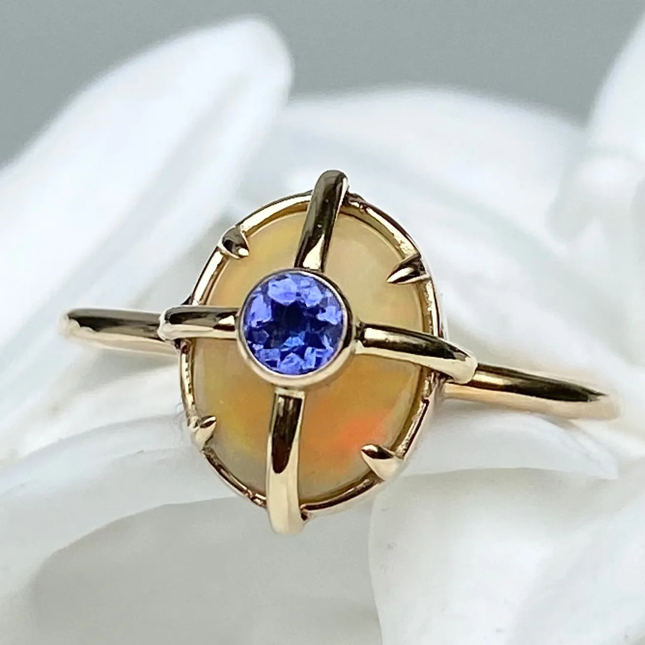 PETITE ETHIOPIAN OPAL AND TANZANITE RING