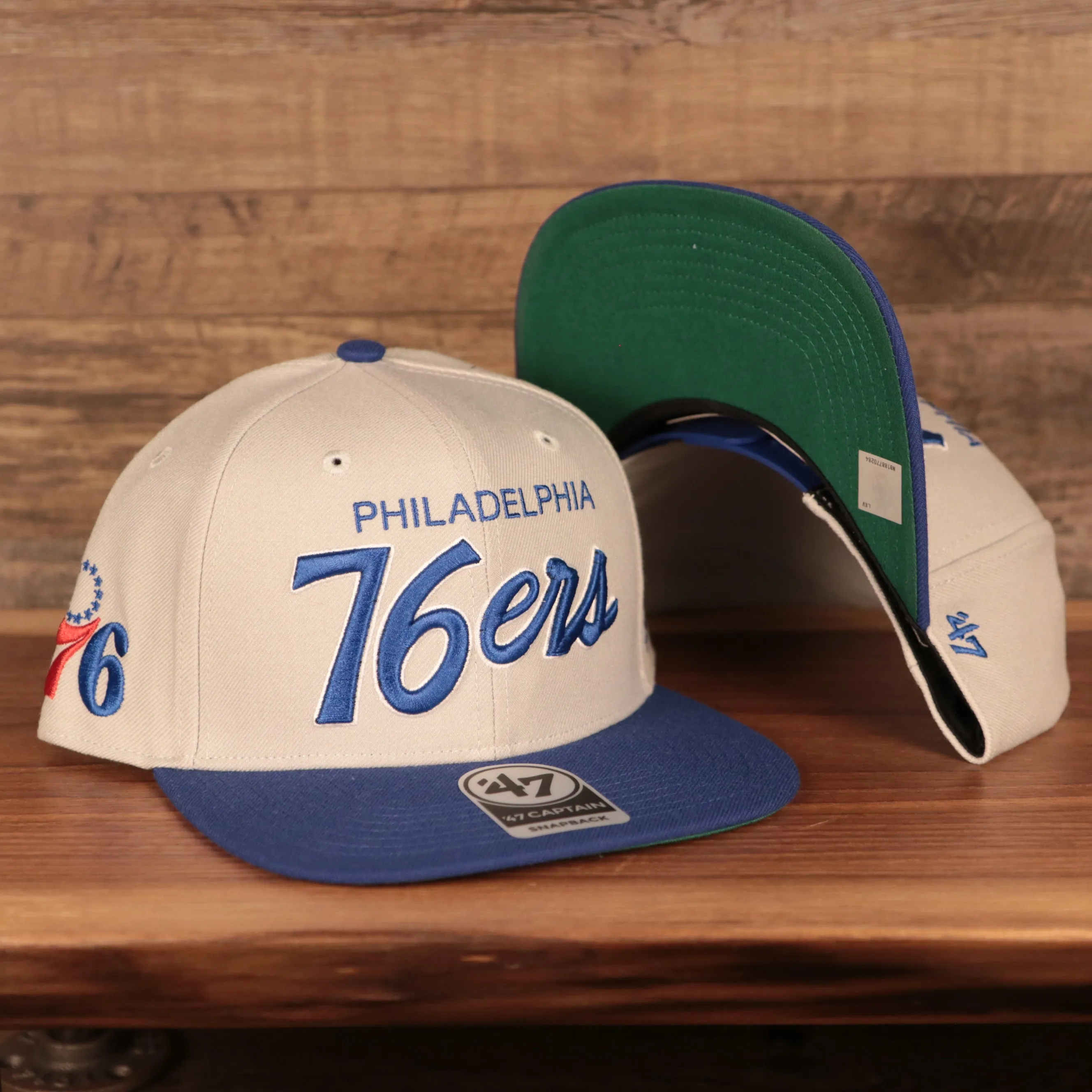 Philadelphia 76ers Script Font Gray Adjustable Green Bottom Snapback