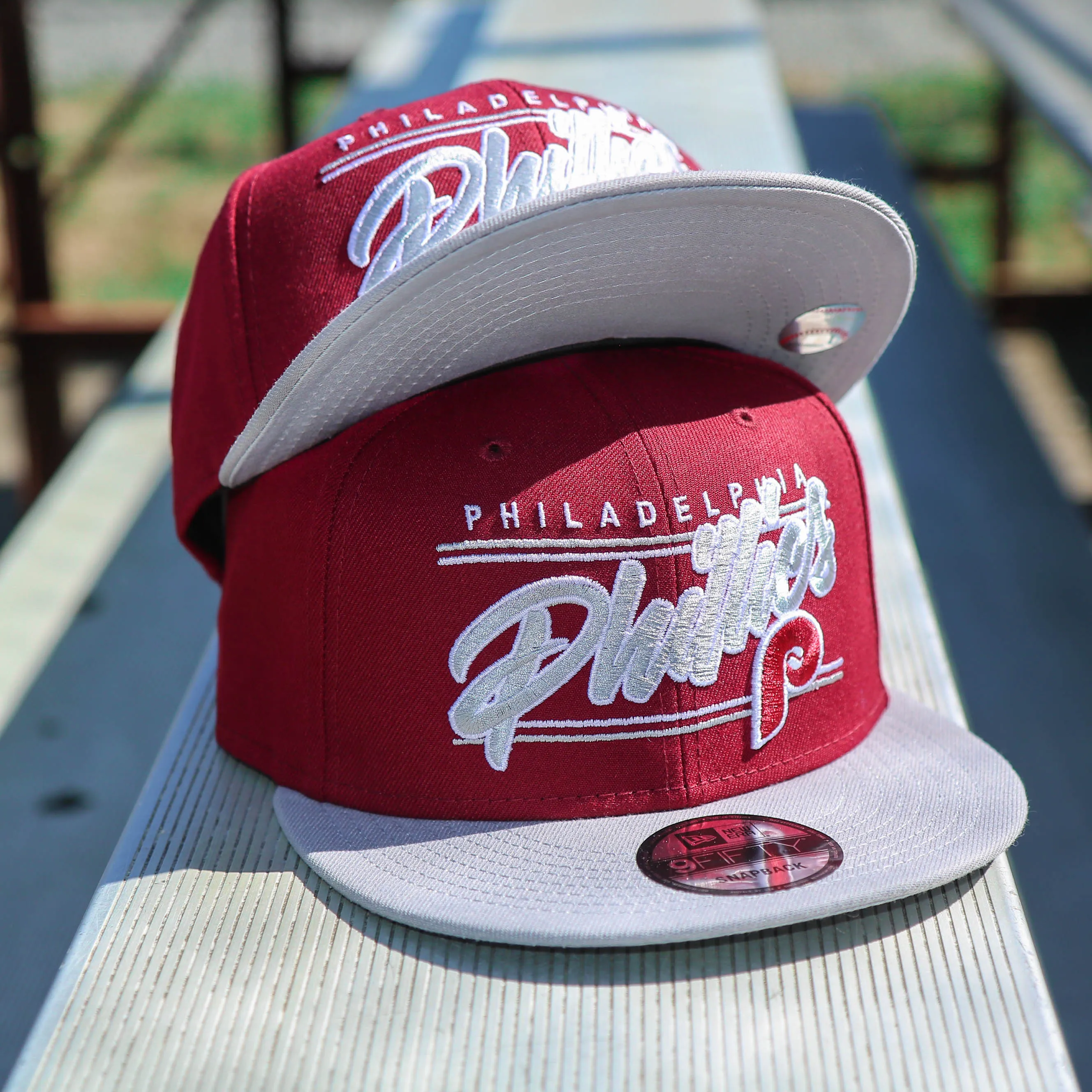 Philadelphia Phillies Cooperstown Team Script Gray Brim 9Fifty Snapback | Maroon and Grey Snap Cap