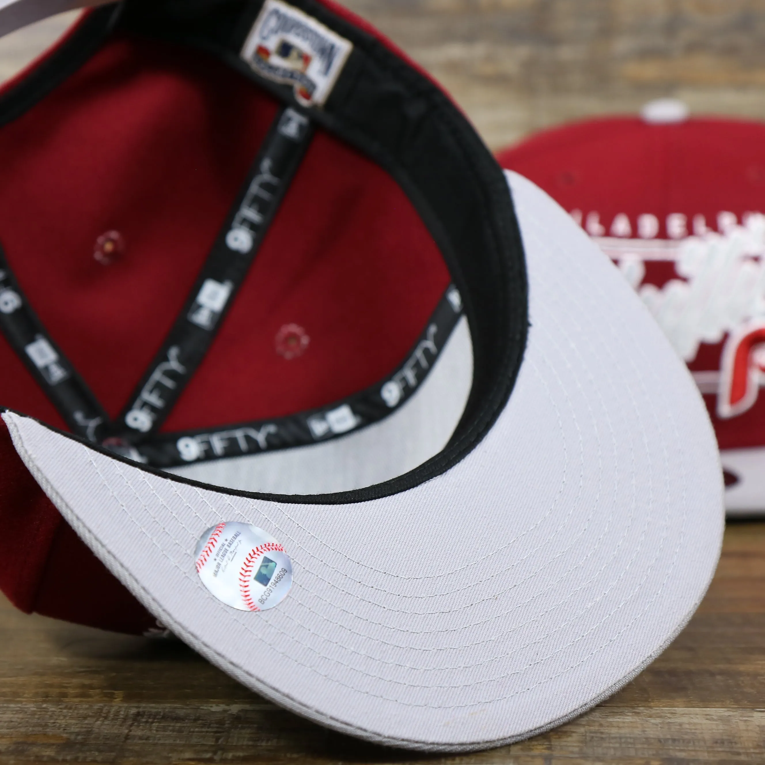 Philadelphia Phillies Cooperstown Team Script Gray Brim 9Fifty Snapback | Maroon and Grey Snap Cap