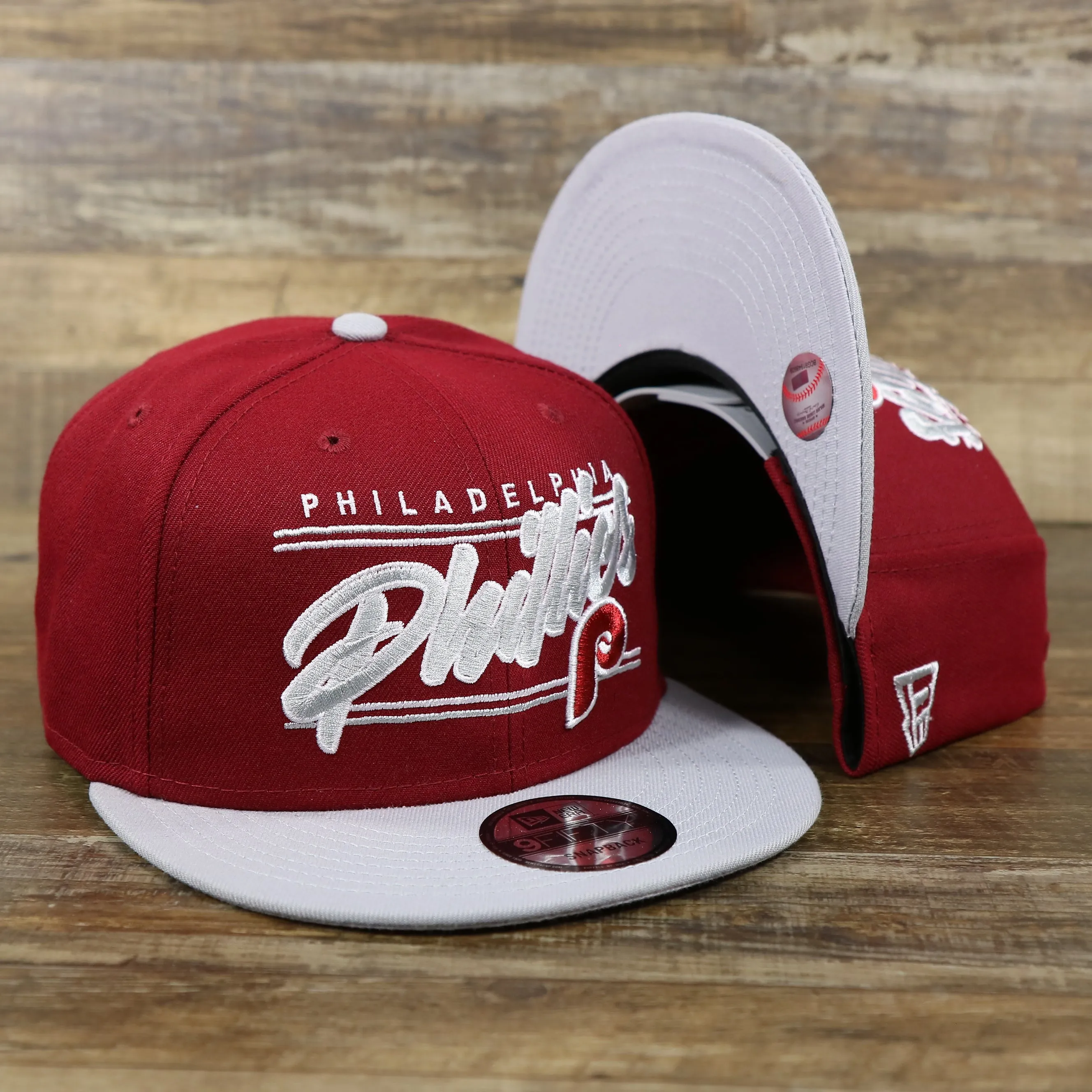 Philadelphia Phillies Cooperstown Team Script Gray Brim 9Fifty Snapback | Maroon and Grey Snap Cap