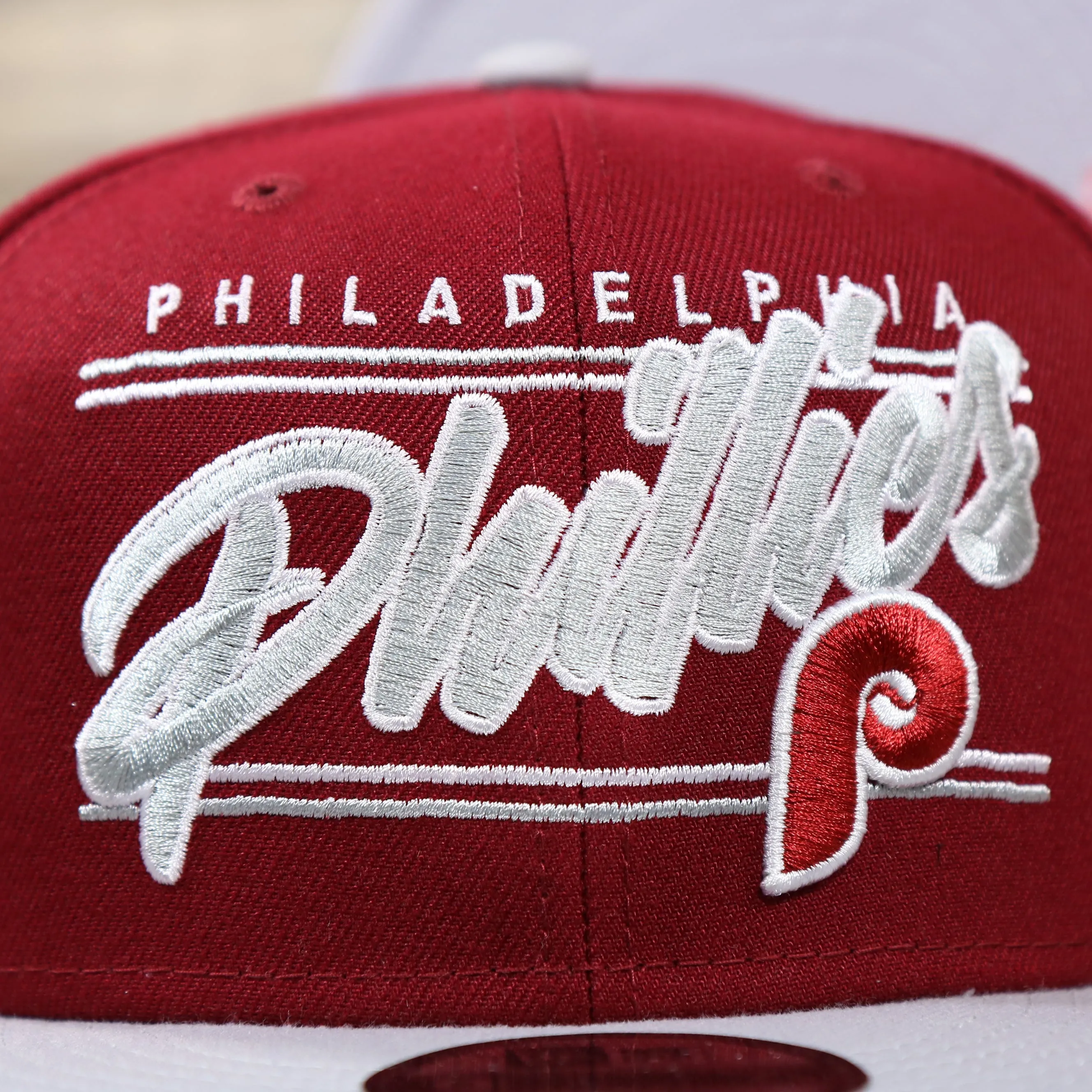 Philadelphia Phillies Cooperstown Team Script Gray Brim 9Fifty Snapback | Maroon and Grey Snap Cap