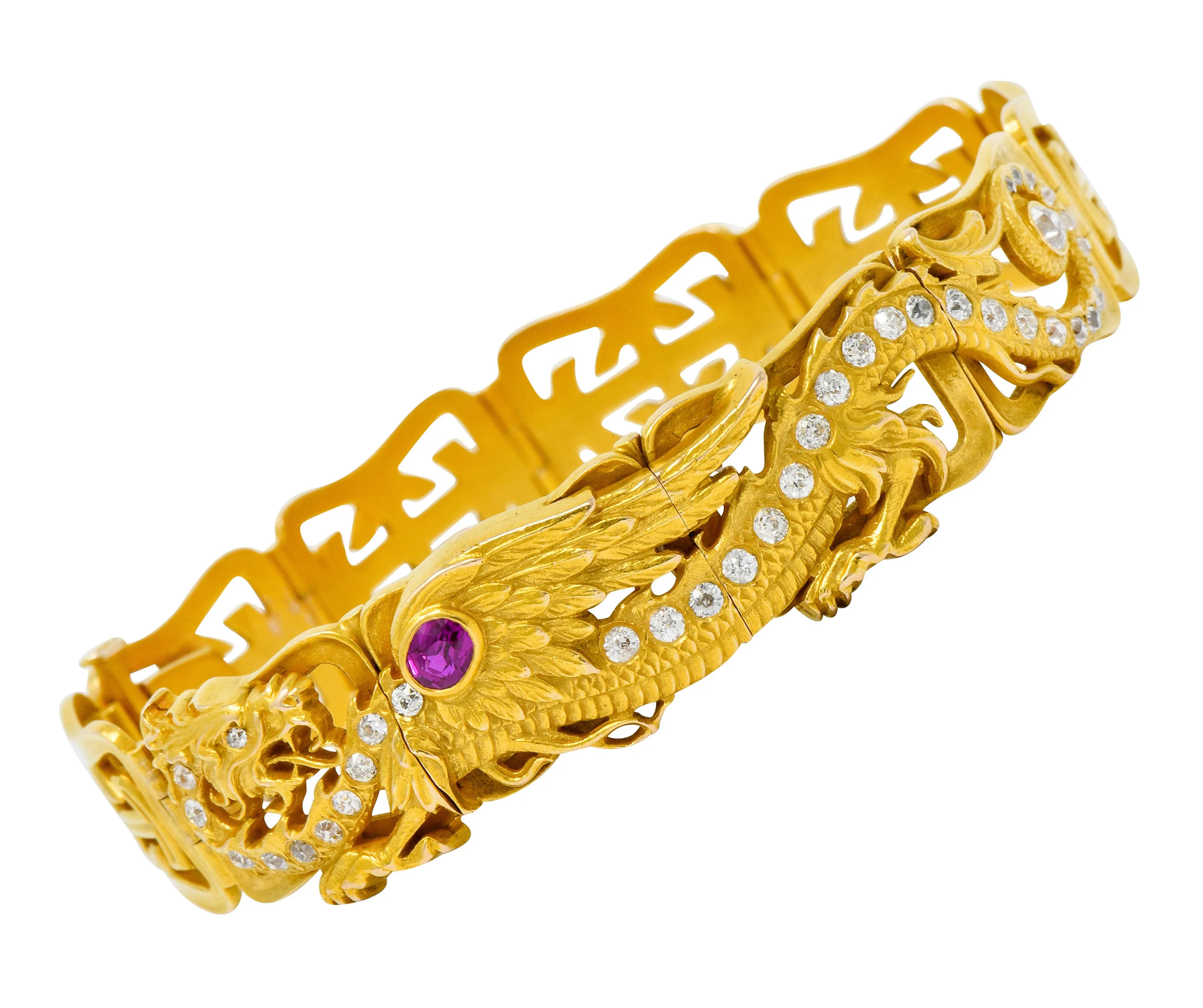 Riker Brothers. Art Nouveau Ruby Diamond 14 Karat Gold Serpent Dragon Bracelet