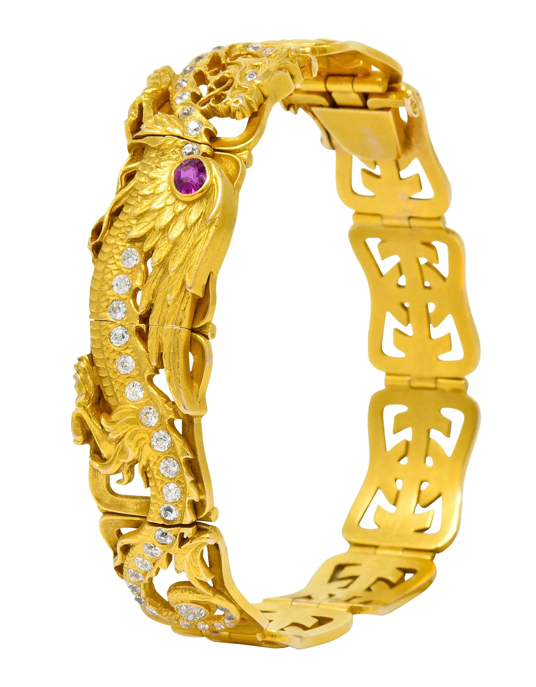 Riker Brothers. Art Nouveau Ruby Diamond 14 Karat Gold Serpent Dragon Bracelet