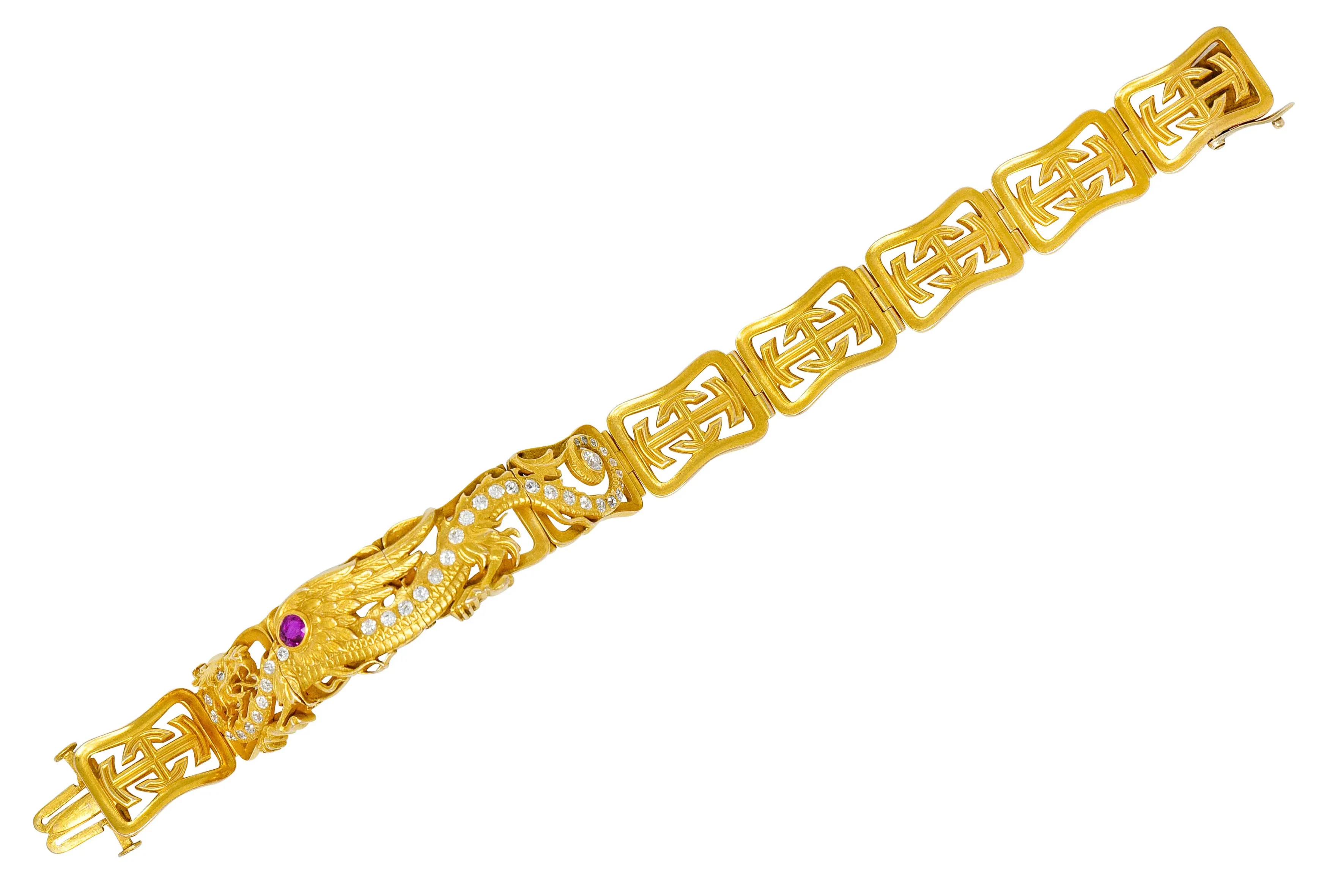 Riker Brothers. Art Nouveau Ruby Diamond 14 Karat Gold Serpent Dragon Bracelet