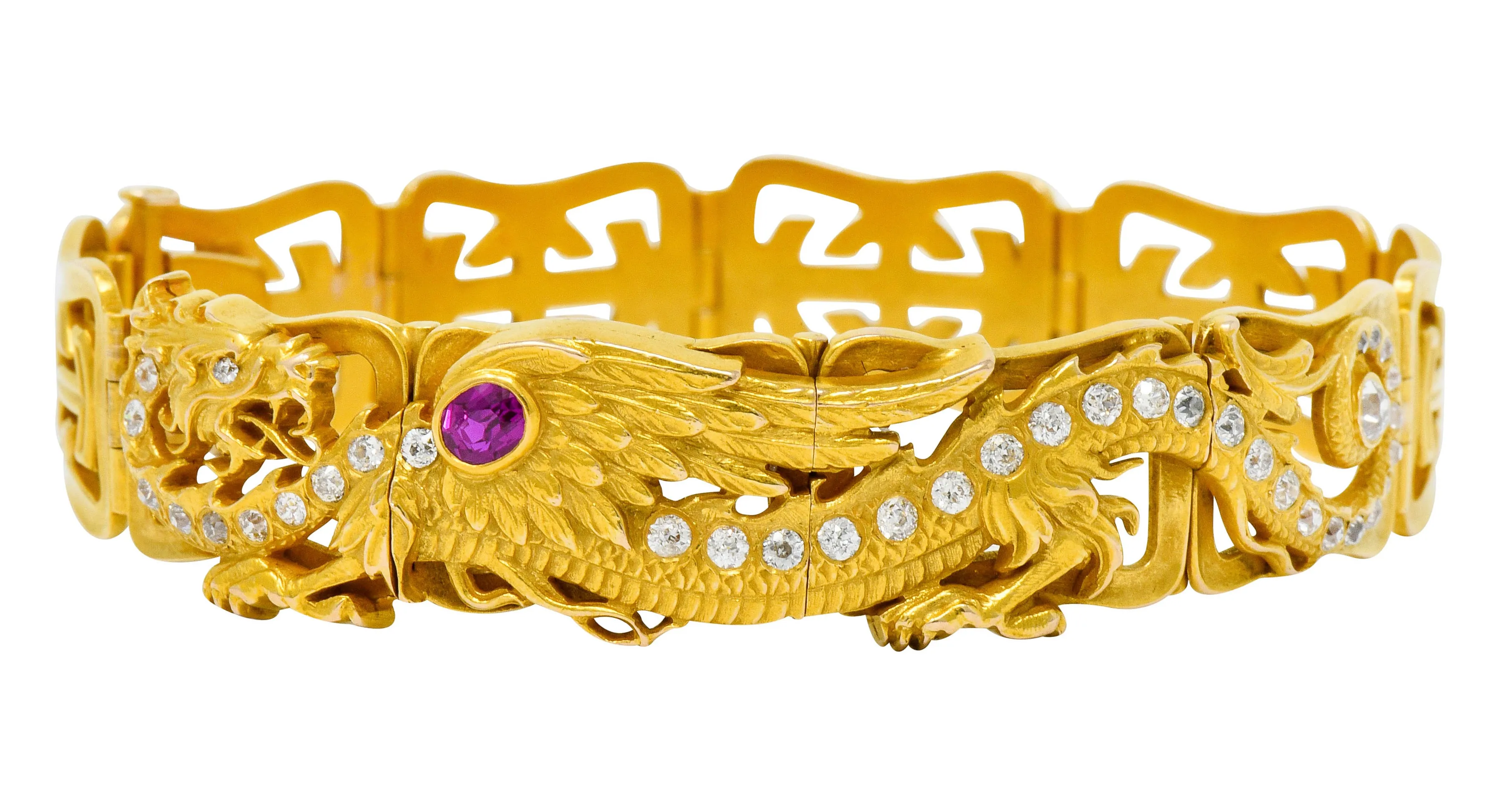 Riker Brothers. Art Nouveau Ruby Diamond 14 Karat Gold Serpent Dragon Bracelet