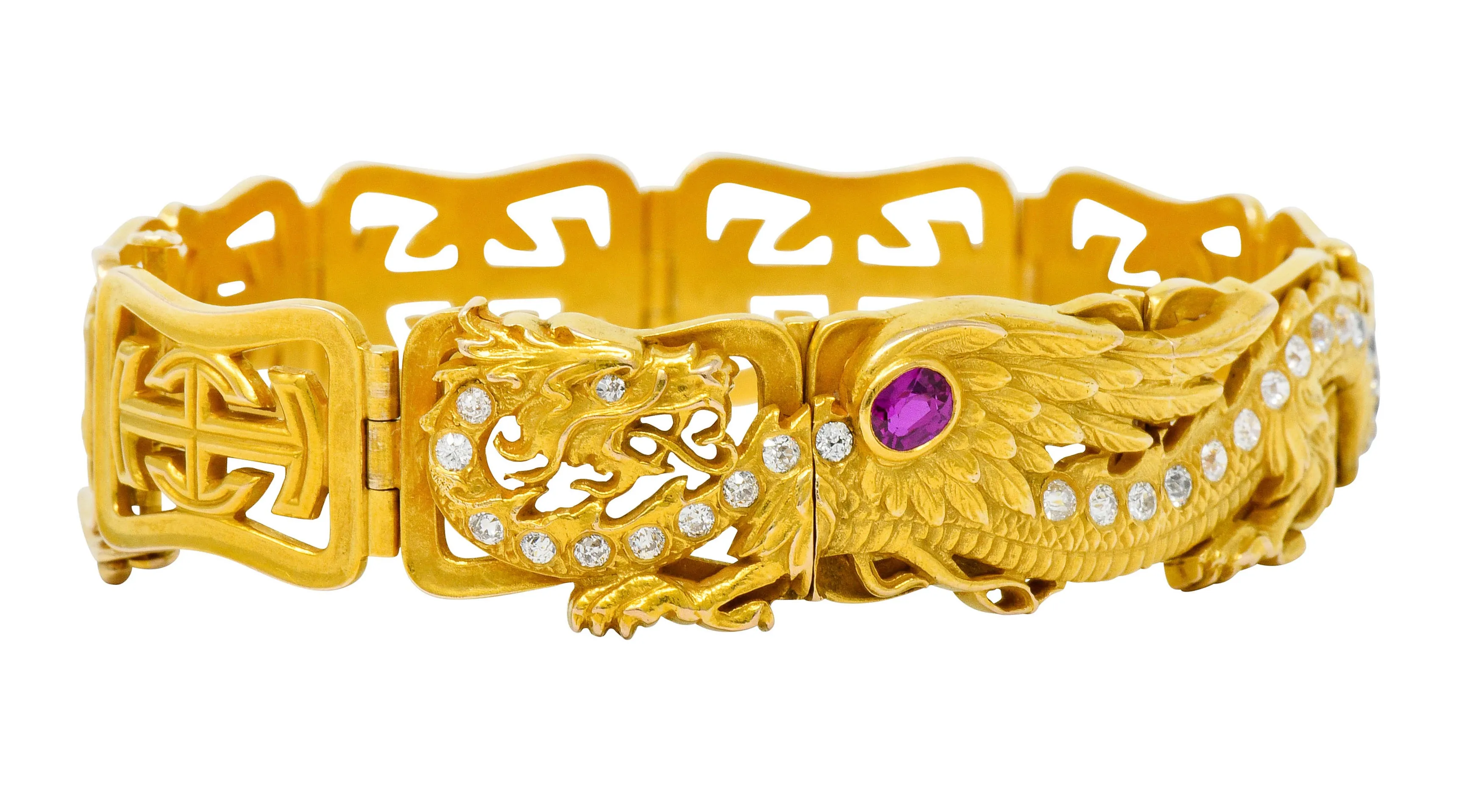 Riker Brothers. Art Nouveau Ruby Diamond 14 Karat Gold Serpent Dragon Bracelet