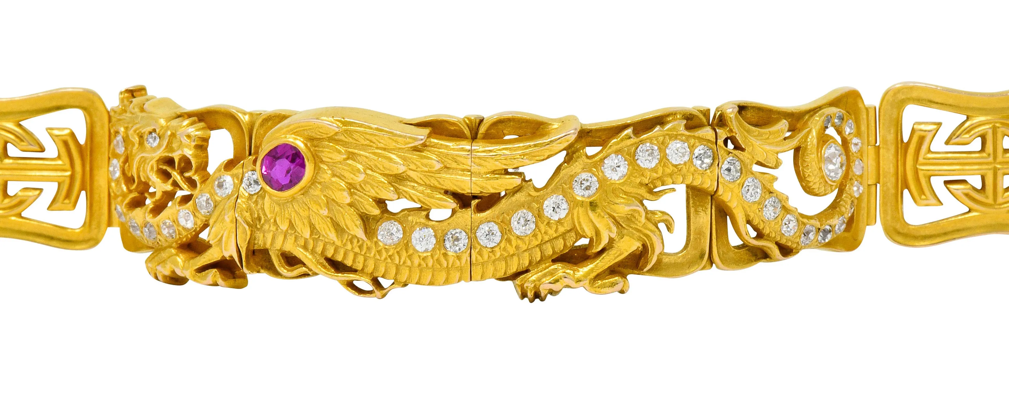 Riker Brothers. Art Nouveau Ruby Diamond 14 Karat Gold Serpent Dragon Bracelet