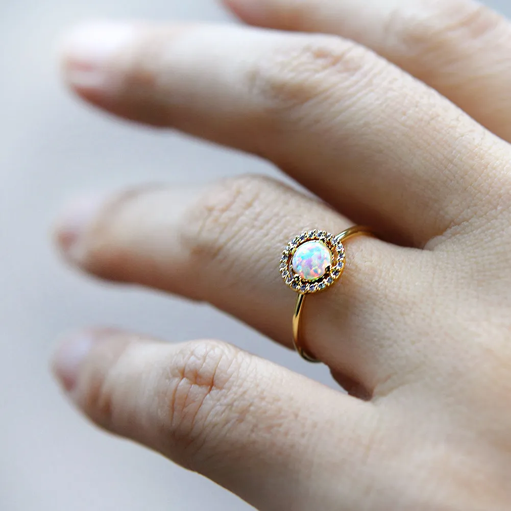 Round Created Opal and CZ Adjustable Ring