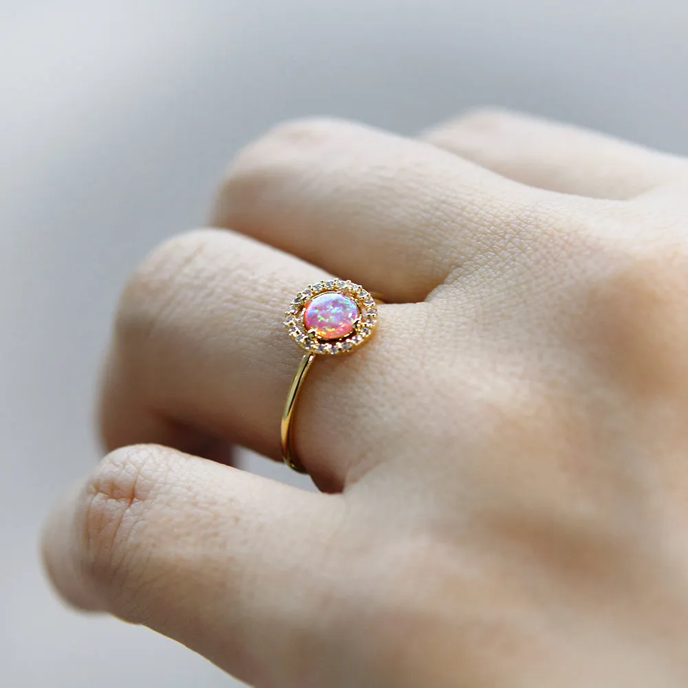 Round Created Opal and CZ Adjustable Ring