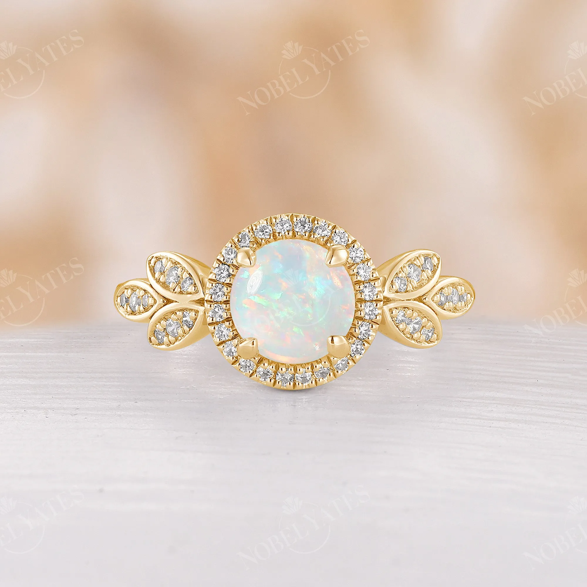 Round White Opal Halo Engagement Ring Diamond Rose Gold