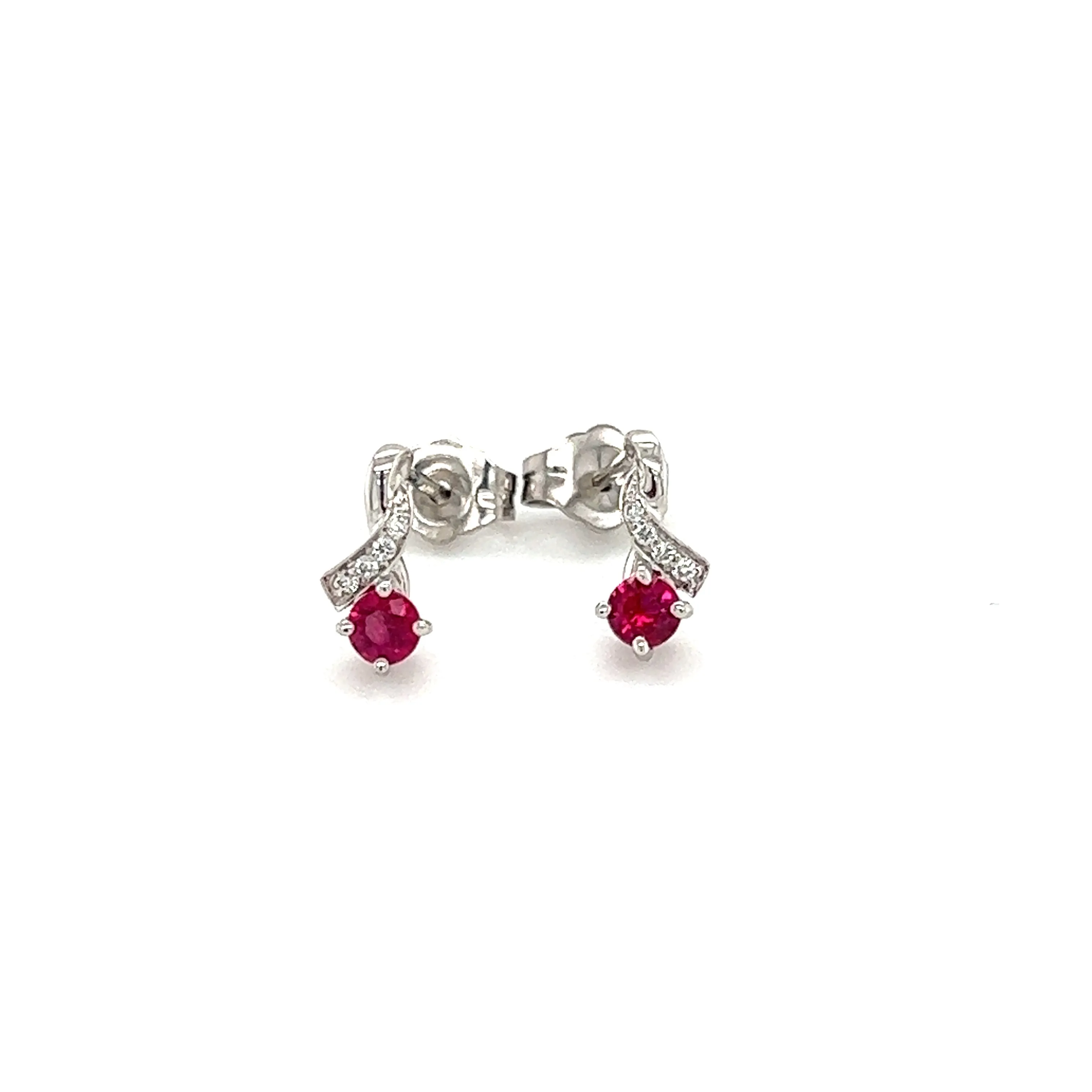 Ruby Stud Earrings with Four Round Diamonds in 14K White Gold