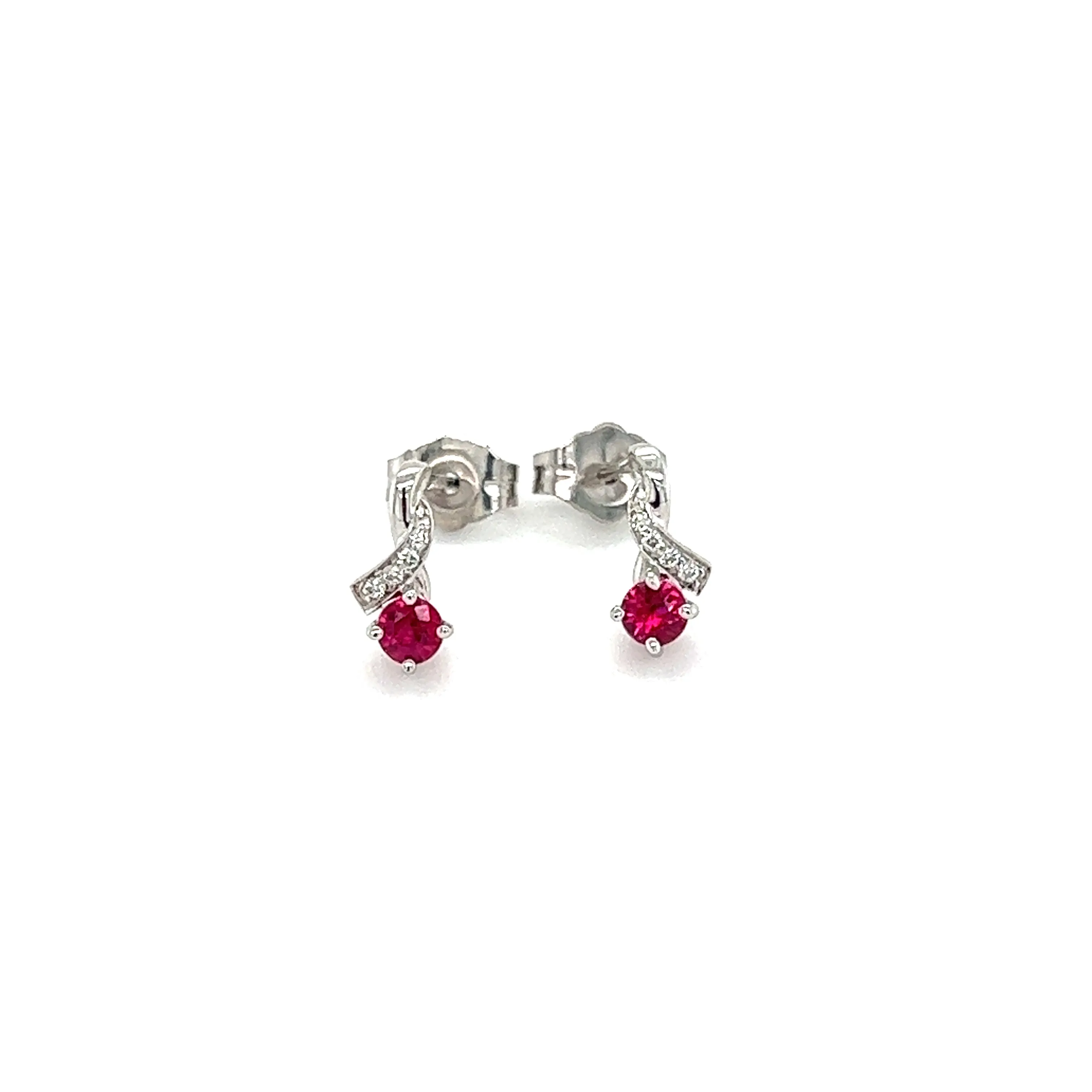 Ruby Stud Earrings with Four Round Diamonds in 14K White Gold