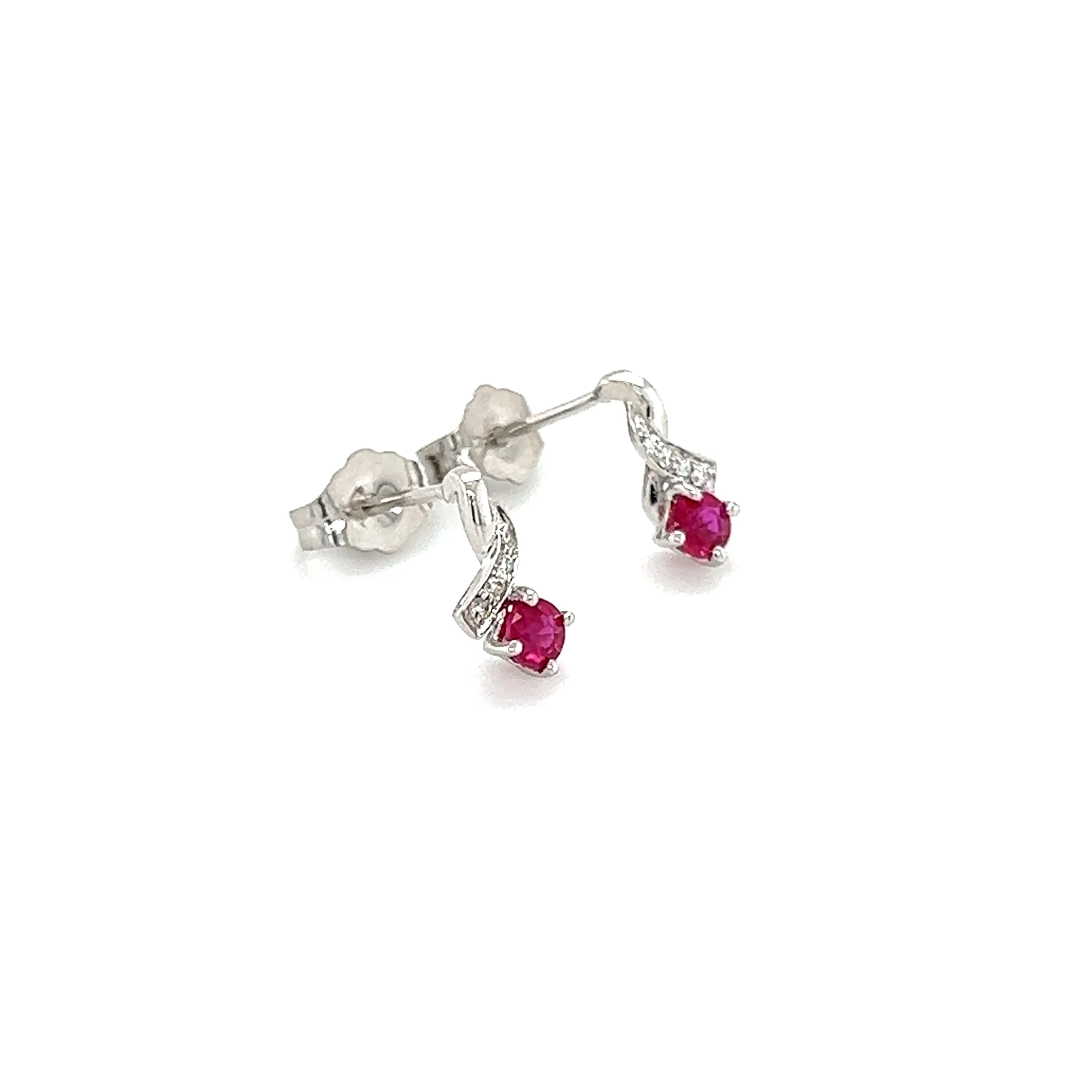 Ruby Stud Earrings with Four Round Diamonds in 14K White Gold