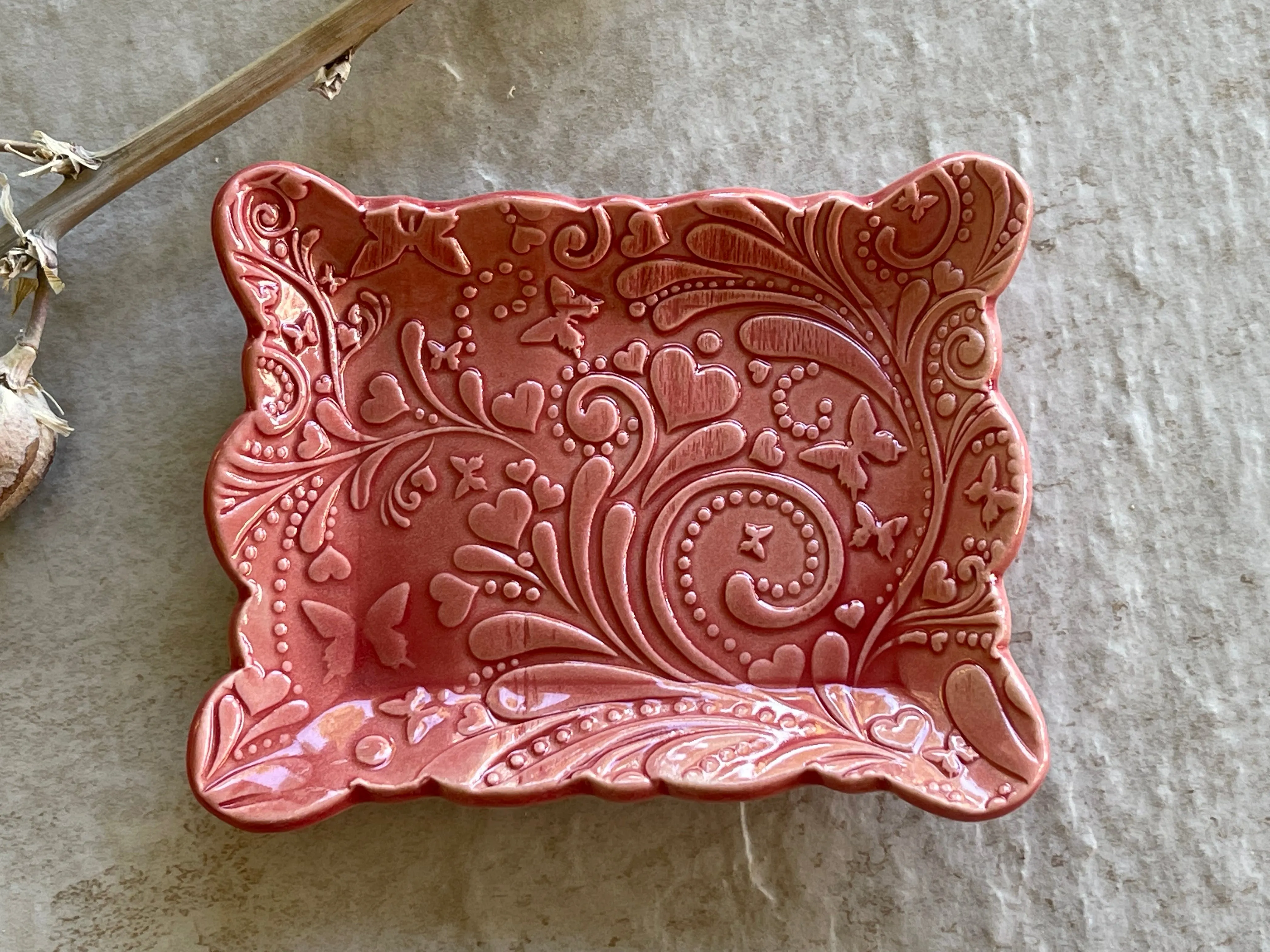 *Second* Rectangular Womens Jewelry Storage, Red Ring Dish, Contemporary Trinket Tray, Porcelain Tray