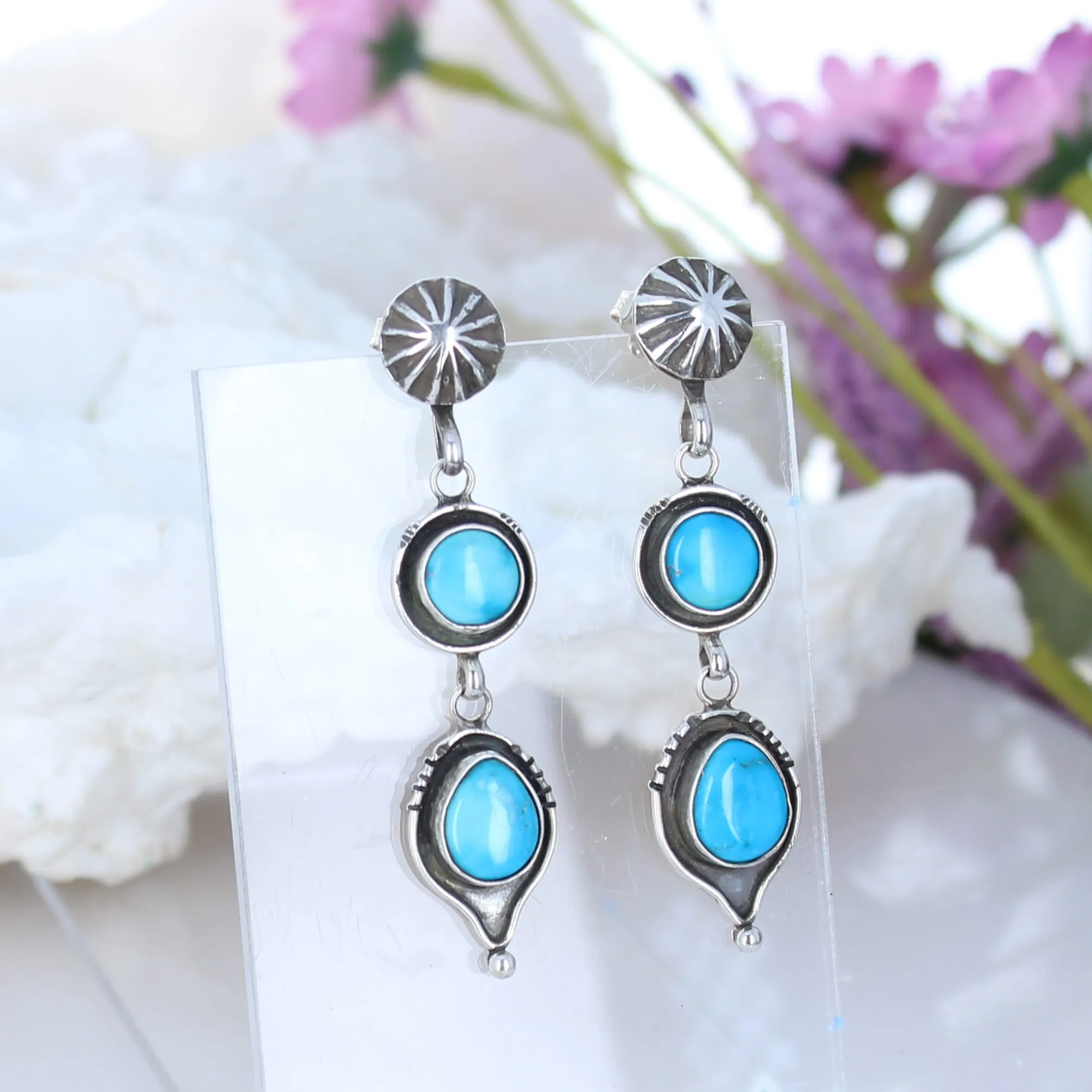 Sonoran Rose Turquoise Earrings 2 Stone Sunburst Post