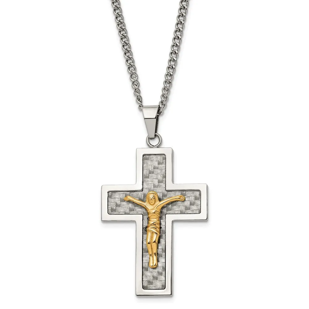 Stainless Steel, Gold Tone, Gray Carbon Fiber Crucifix Necklace, 24 In