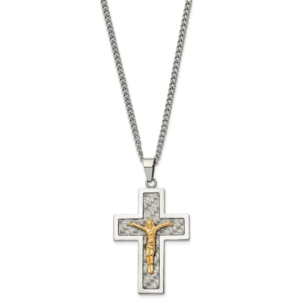 Stainless Steel, Gold Tone, Gray Carbon Fiber Crucifix Necklace, 24 In