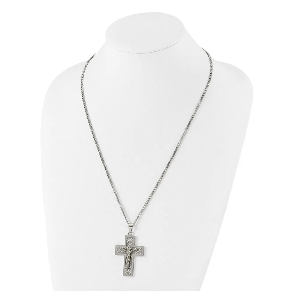 Stainless Steel, Gold Tone, Gray Carbon Fiber Crucifix Necklace, 24 In