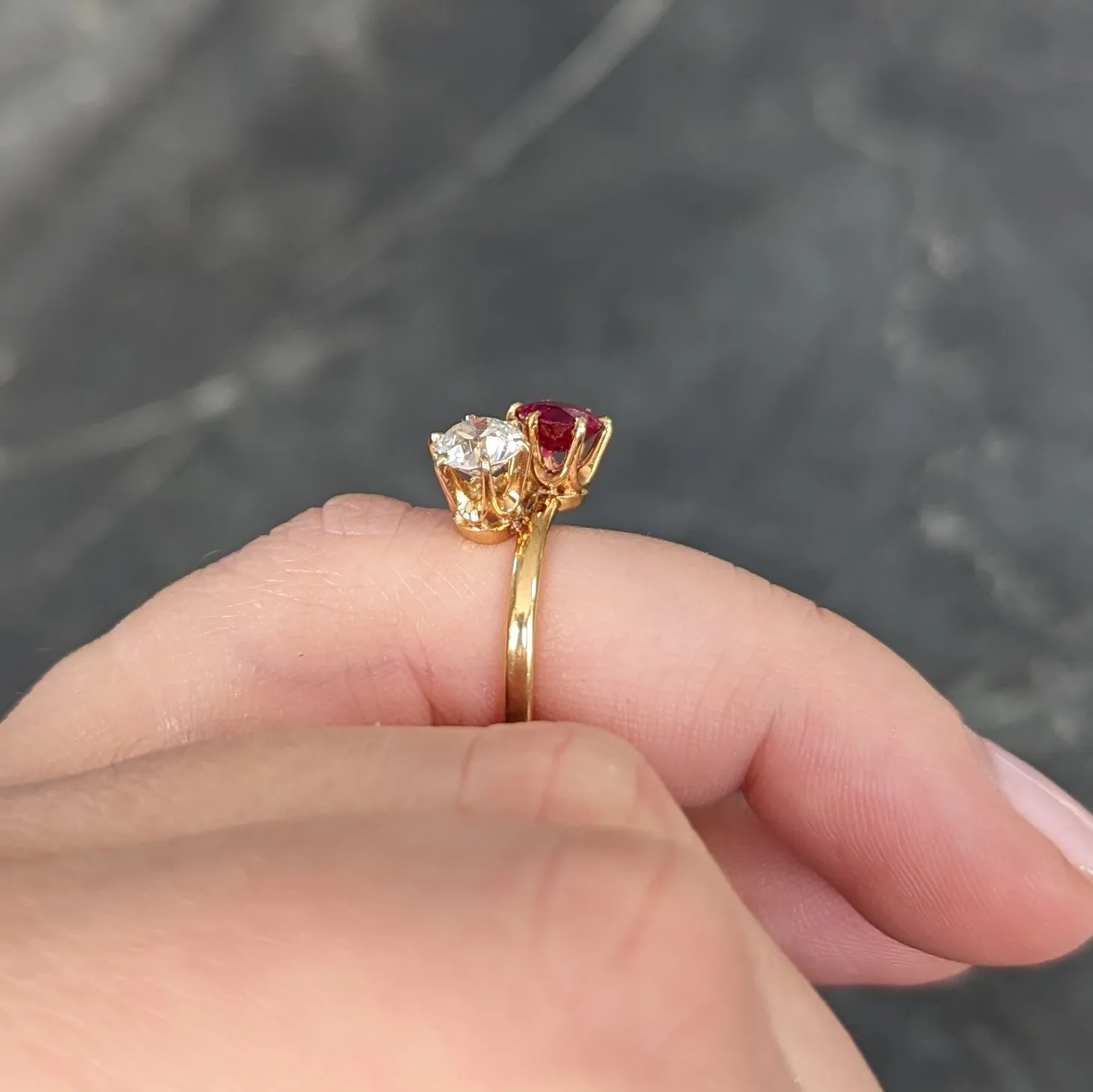 Tiffany & Co. Victorian 1.08 CTW Ruby Old European Cut Diamond Antique Toi Et Moi Bypass Ring